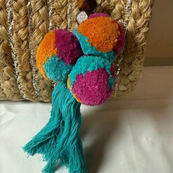 Shiraleah Woven Straw Clutch with Colorful Pom-Pom Accent - Picture 2 of 8